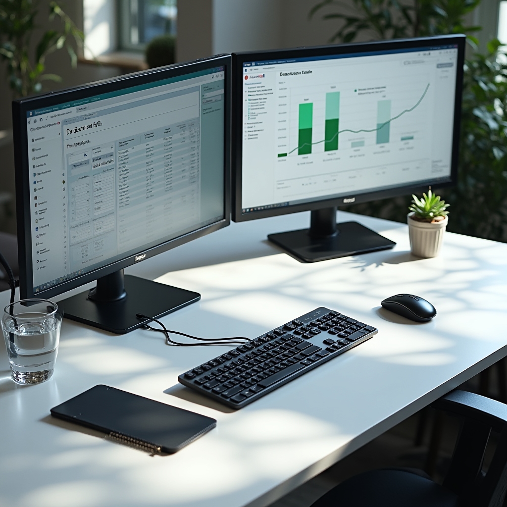 Clean workspace with financial calculator tools open on monitor